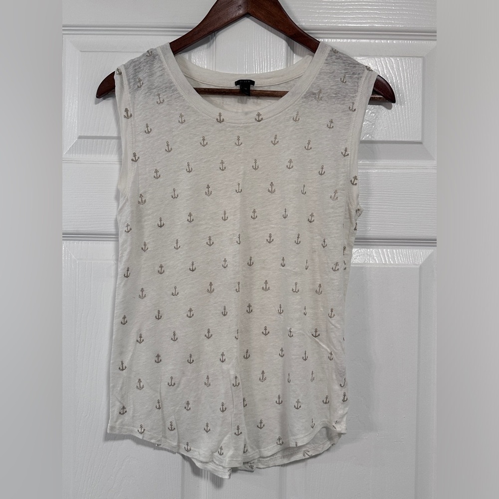 J Crew Linen Tank Top Ivory with Gold Anchors XS